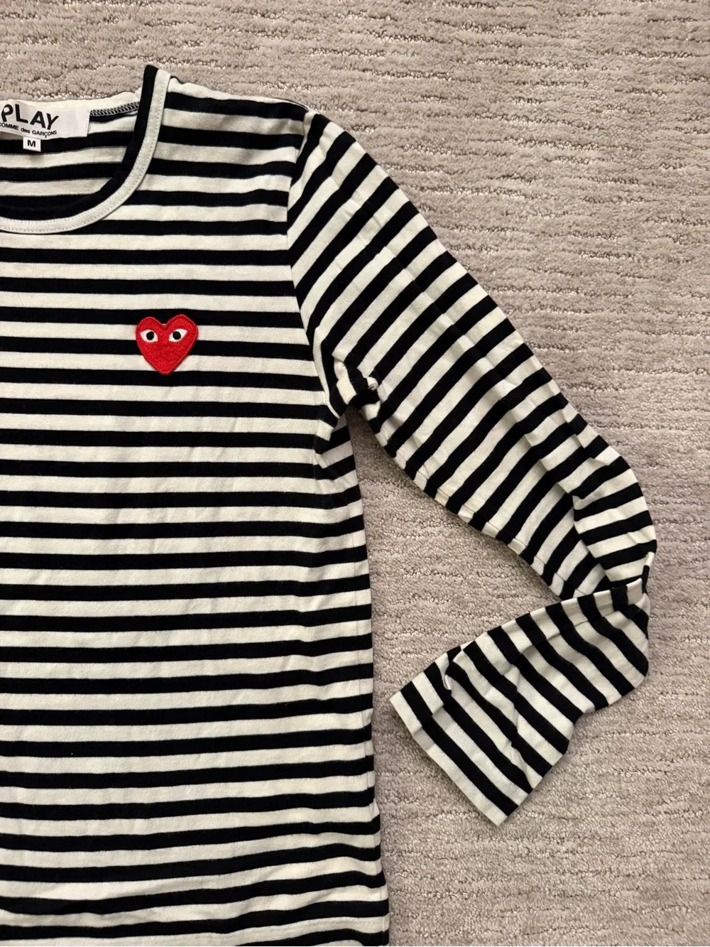 Authentic Comme Des Garçons Black & White Striped Long Sleeve Tee with Red Heart